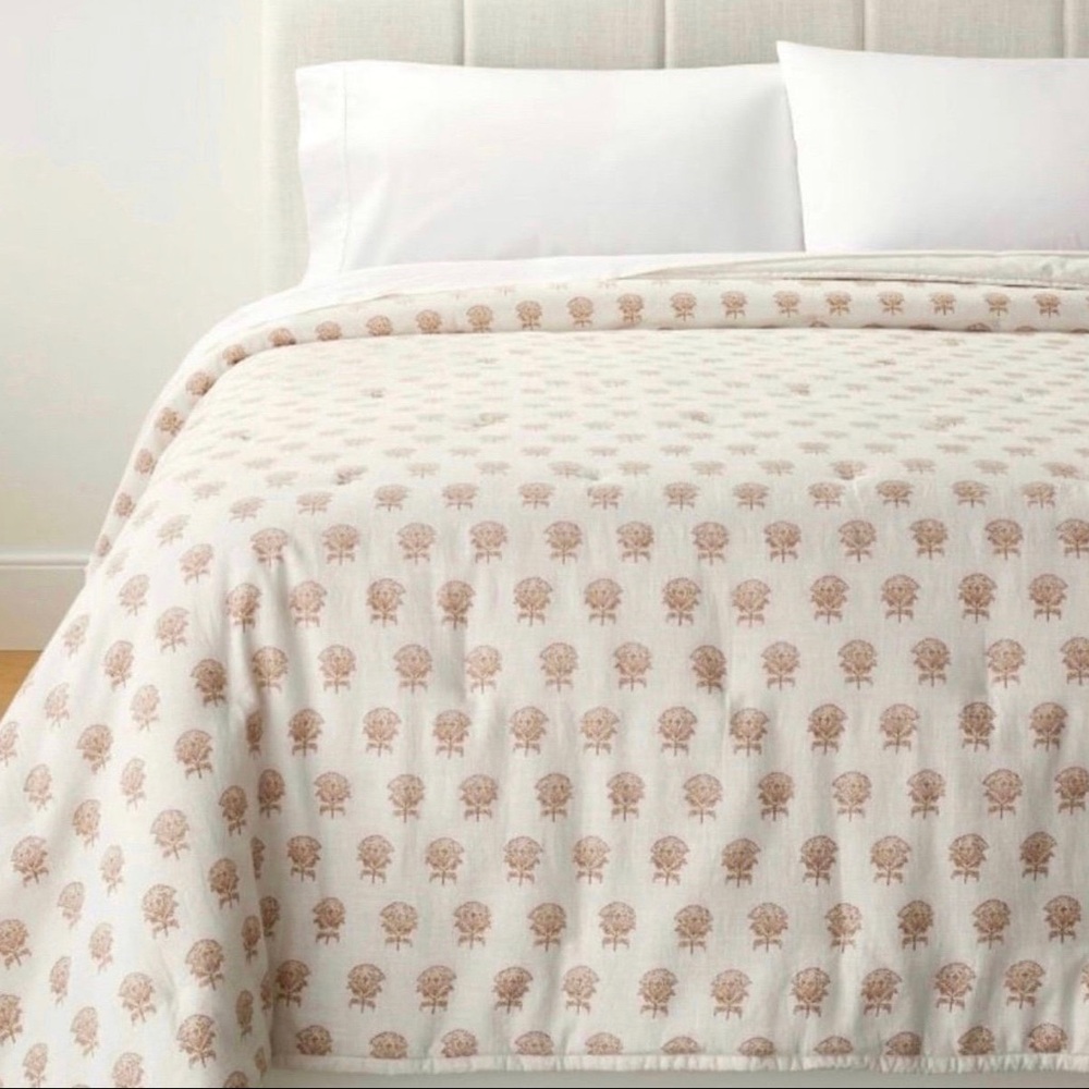 Full/Queen Lofty Cotton Slub Woodblock Print Floral Quilt Threshold Studio McGee